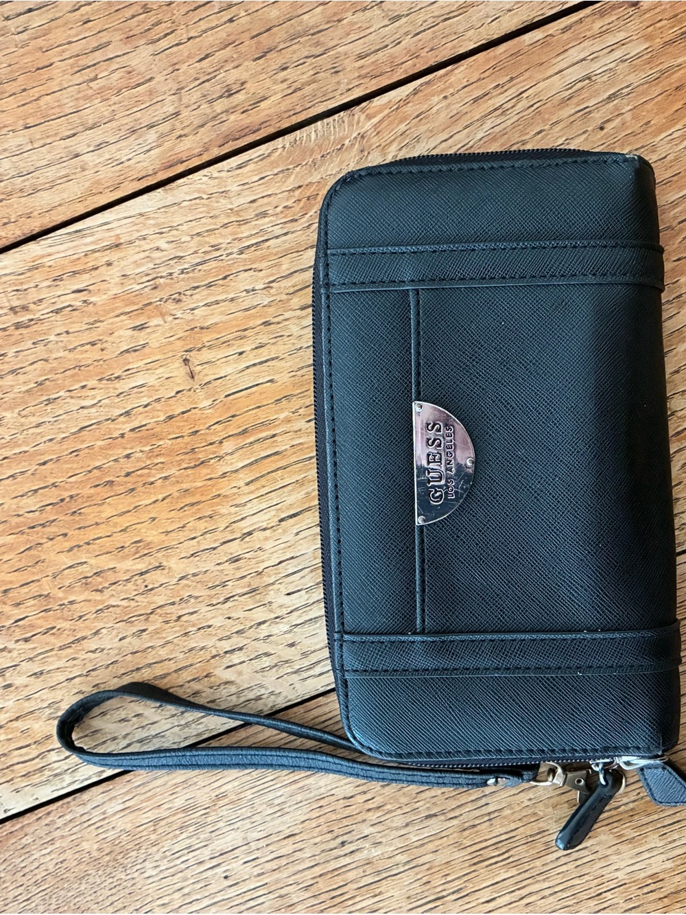GUESS Laurel Black Zip Around Wristlet Wallet with Logo Plate